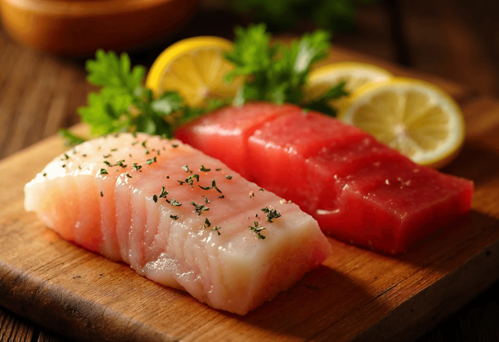 A side-by-side display of yellowtail and tuna fillets on a cutting board.