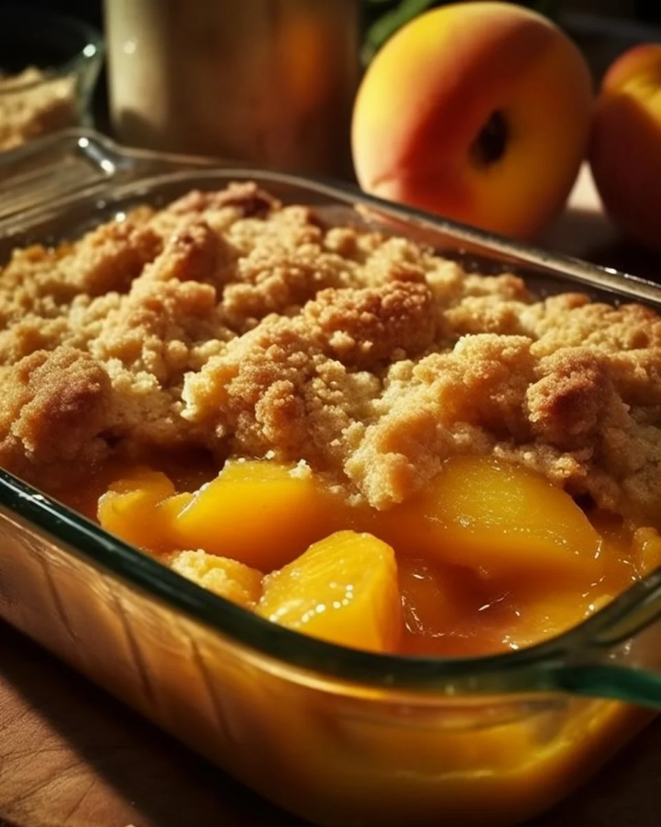 Delicious 3 ingredient peach cobbler served in a bowl