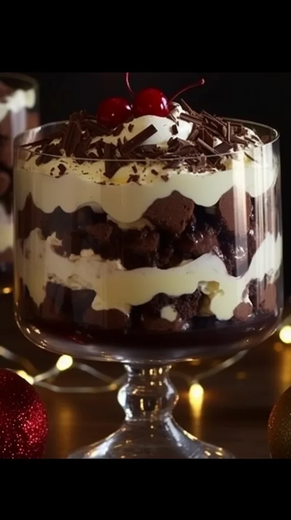 Delicious Black Forest Trifle dessert with layers of chocolate, cherries, and cream.