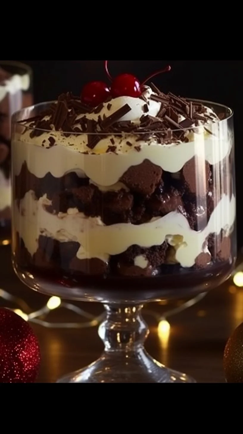 Delicious Black Forest Trifle dessert with layers of chocolate, cherries, and cream.