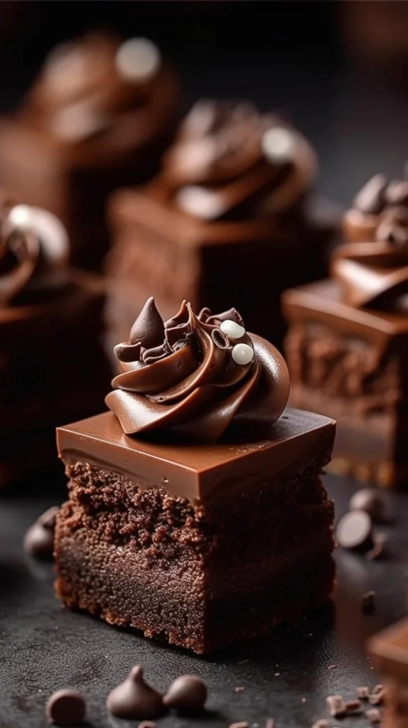Delicious brownie petit fours served on a decorative plate with a chocolate drizzle.