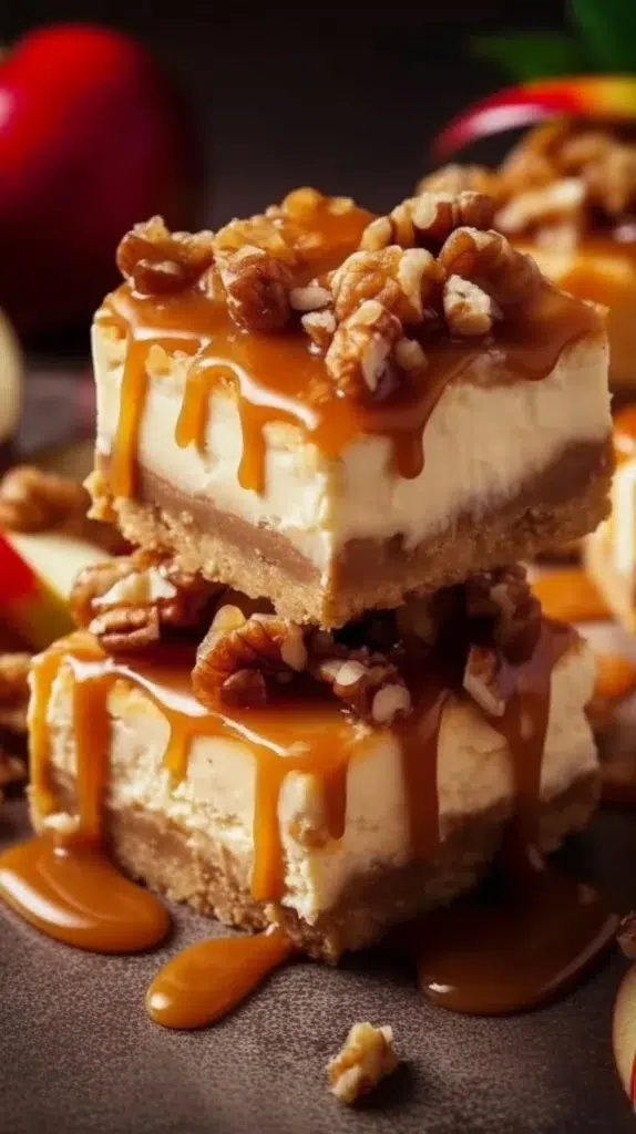 Delicious Caramel Apple Cheesecake Bars topped with caramel drizzle and apple slices