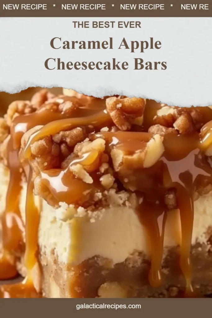 Delicious Caramel Apple Cheesecake Bars topped with caramel drizzle and apple slices