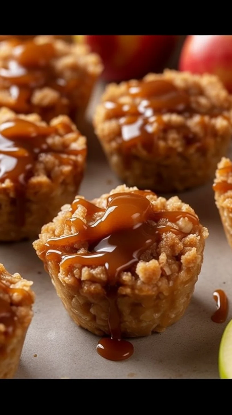 Delicious Caramel Apple Crisp Bites with apples and caramel topping.