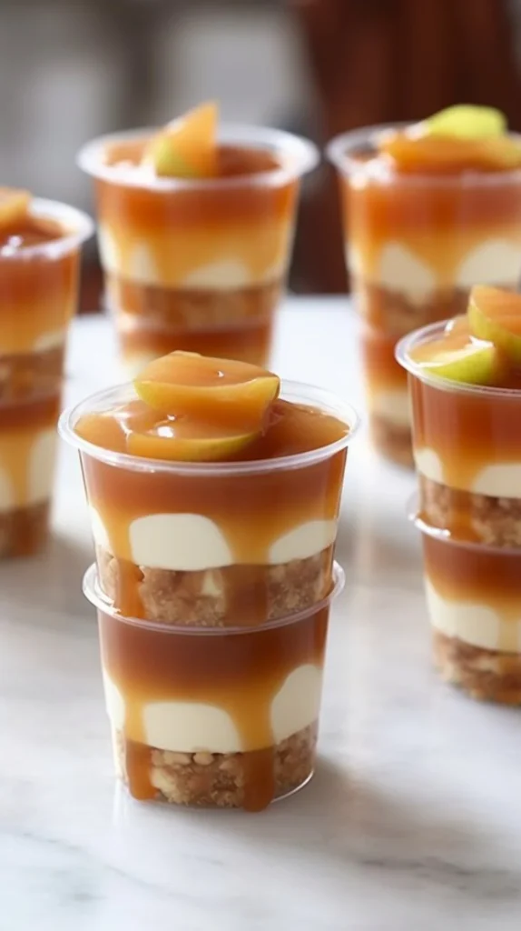 Delicious caramel apple dessert cups topped with caramel and apple slices