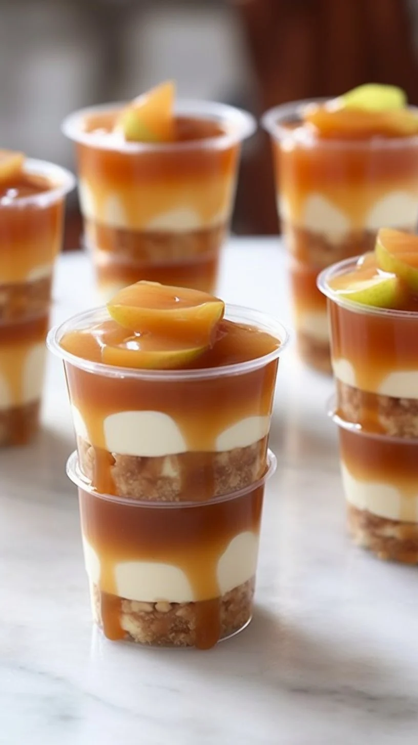 Delicious caramel apple dessert cups topped with caramel and apple slices