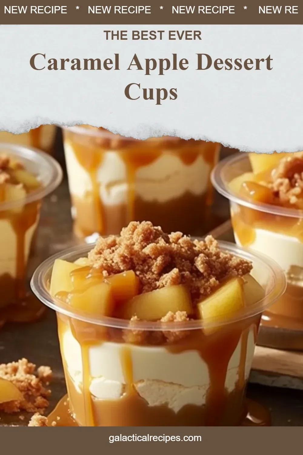 Caramel apple dessert cups topped with creamy caramel and apple slices