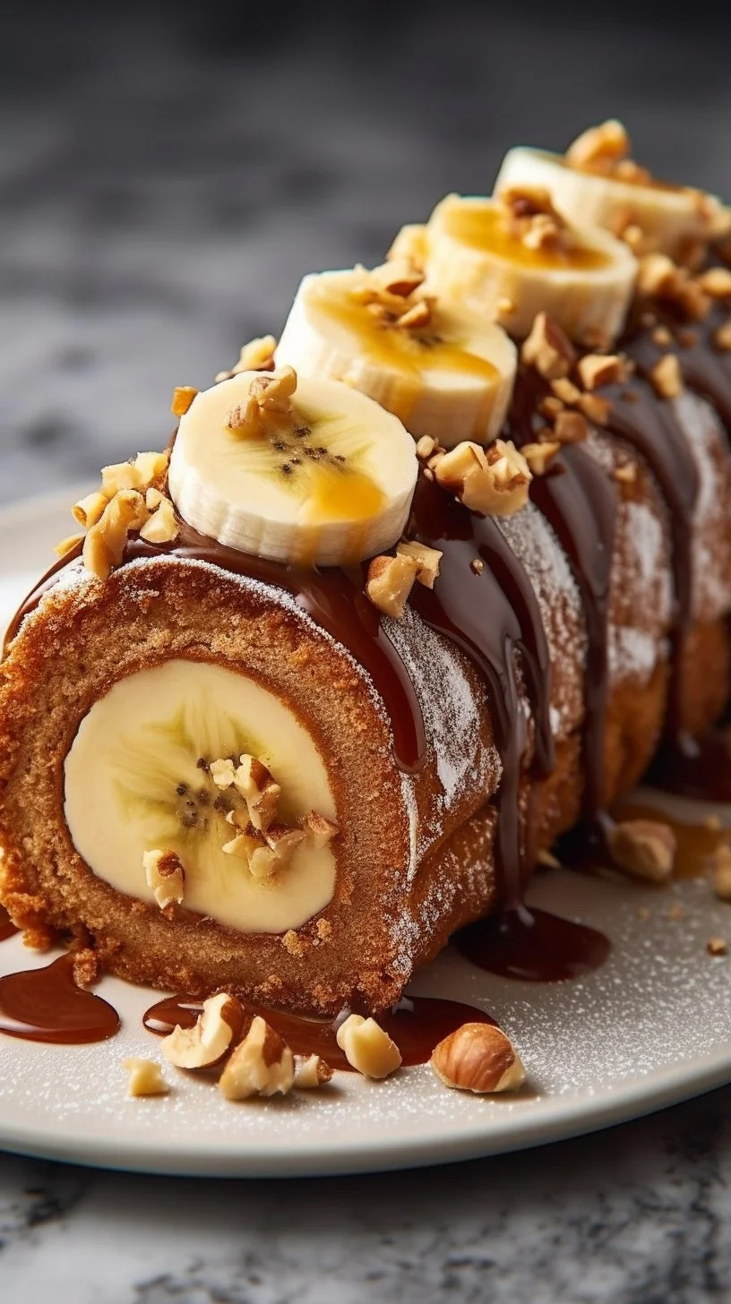 Delicious Caramel Banana Cake Roll with caramel drizzle and banana slices