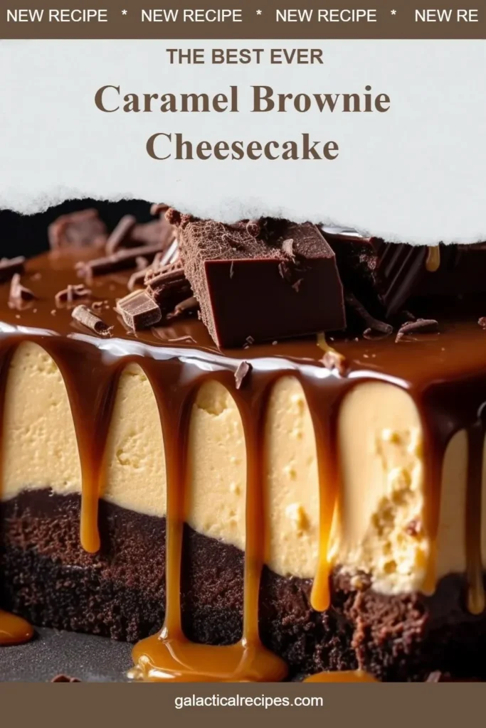 Decadent Caramel Brownie Cheesecake with rich chocolate layers and caramel drizzle