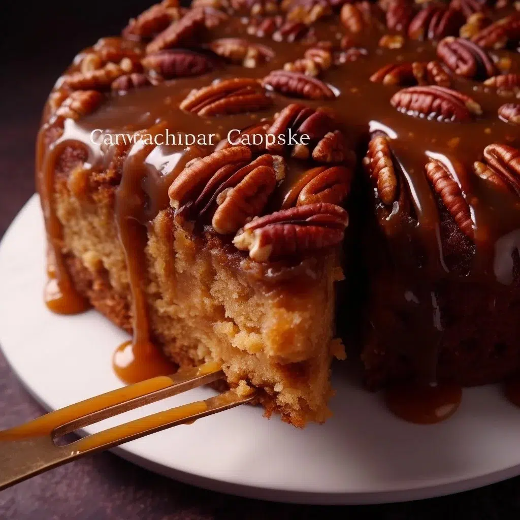 Delicious caramelised pecan upside down cake served on a plate