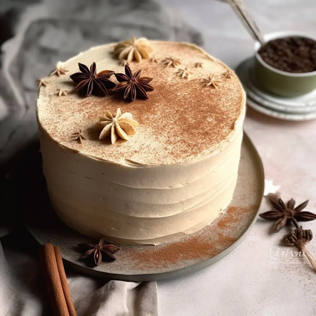Slice of chai cake with cream cheese frosting on a plate