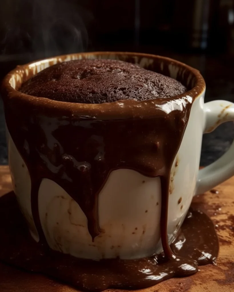 Delicious chocolate mug cake served in a white mug with chocolate drizzle