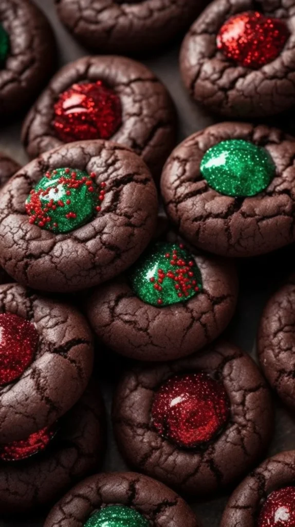 Delicious chocolate thumbprint cookies with filling on a baking tray