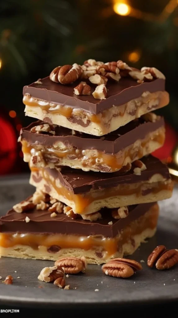 Delicious homemade Christmas Crack dessert on a festive plate.