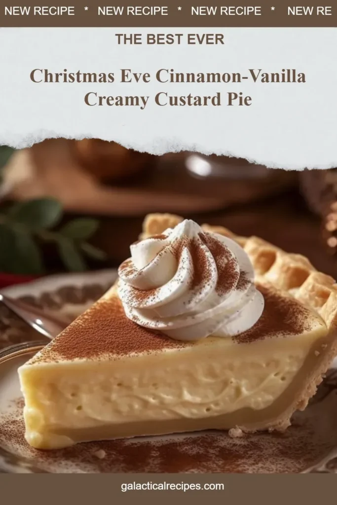 Slice of Christmas Eve Cinnamon-Vanilla Custard Pie on a festive table