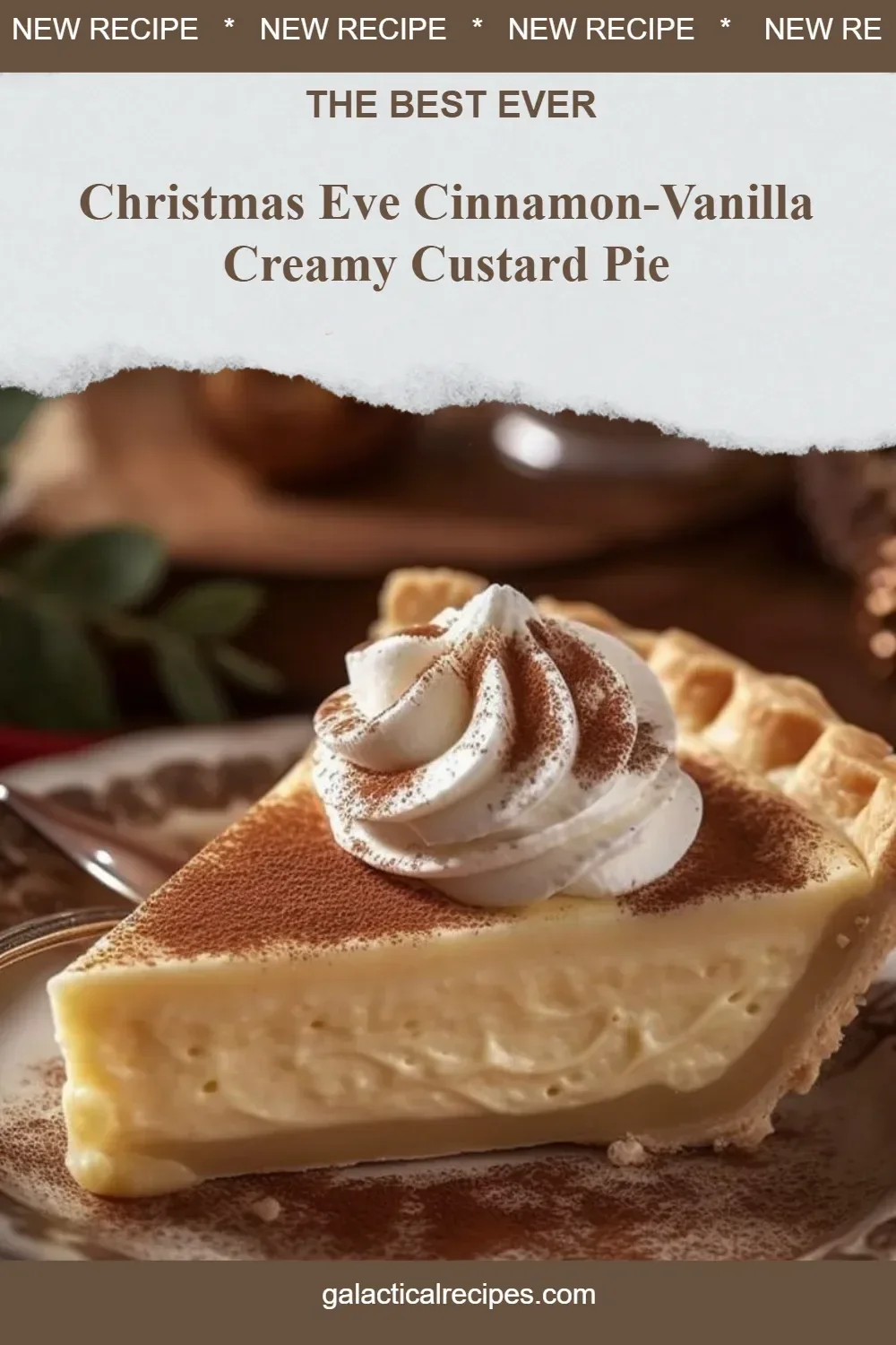 Slice of Christmas Eve Cinnamon-Vanilla Custard Pie on a festive table