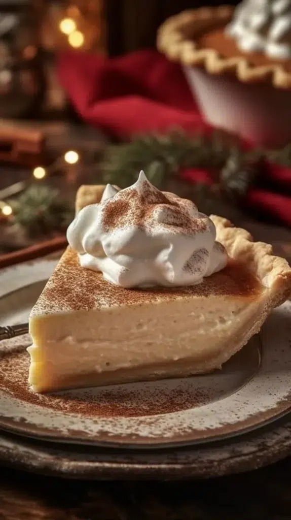 Christmas Eve Cinnamon-Vanilla Creamy Custard Pie on a festive table.
