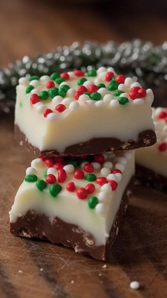 Delicious homemade Christmas Fudge with festive decorations
