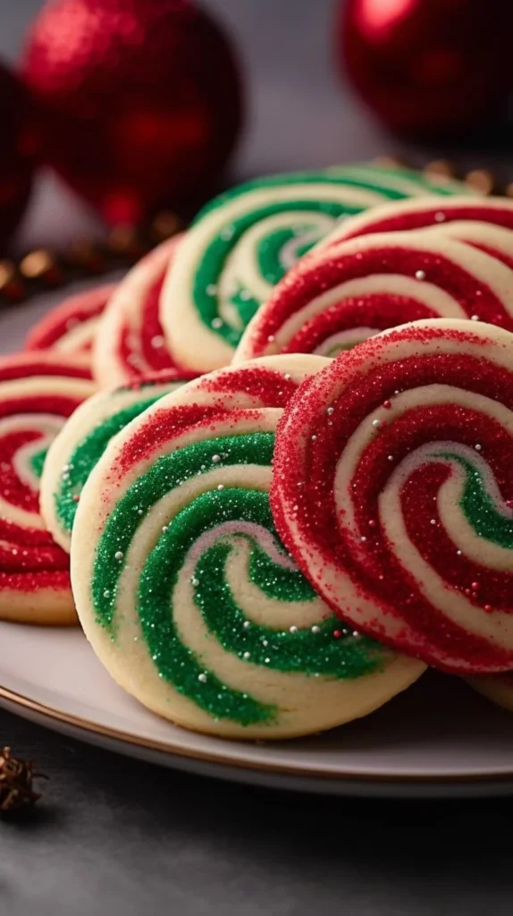 Colorful Christmas pinwheel cookies arranged on a festive platter