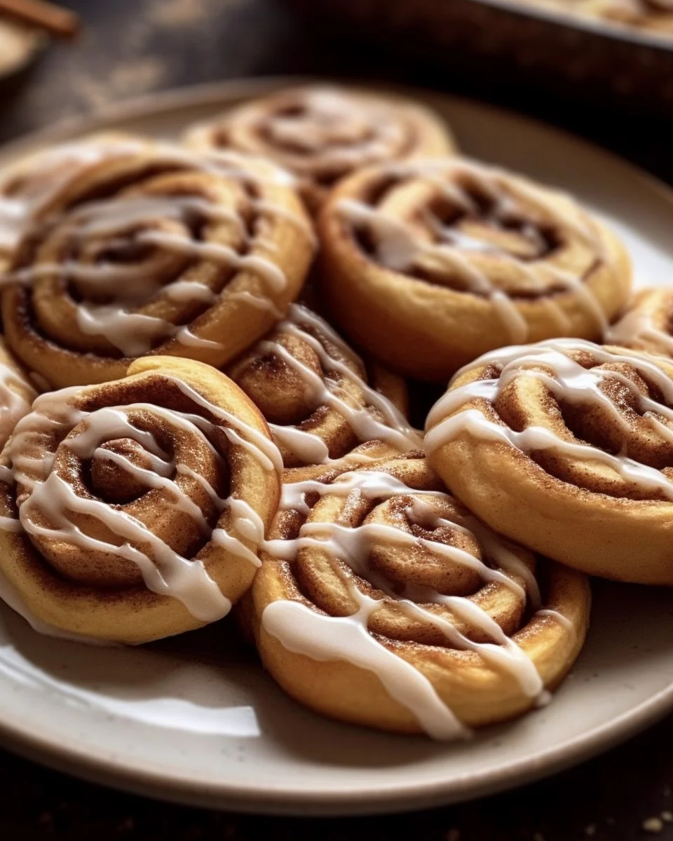 Freshly baked cinnamon roll cookies drizzled with icing on a rustic wooden table.