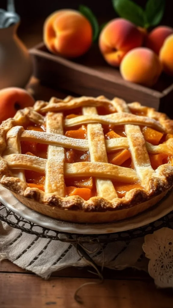 Classic apricot pie with flaky butter crust served on a wooden table