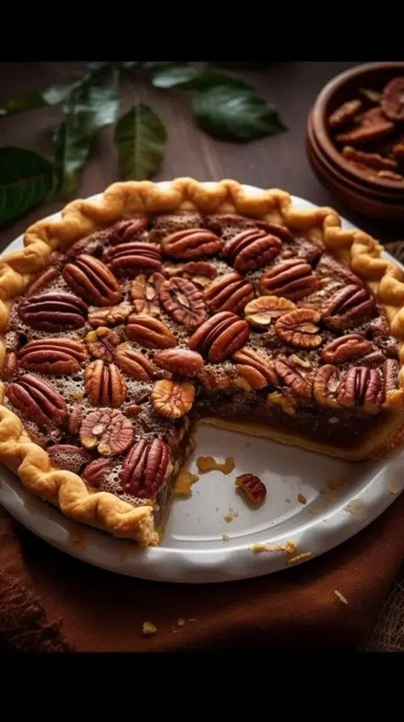 Classic pecan pie, a delicious and traditional dessert with nuts and caramel filling.