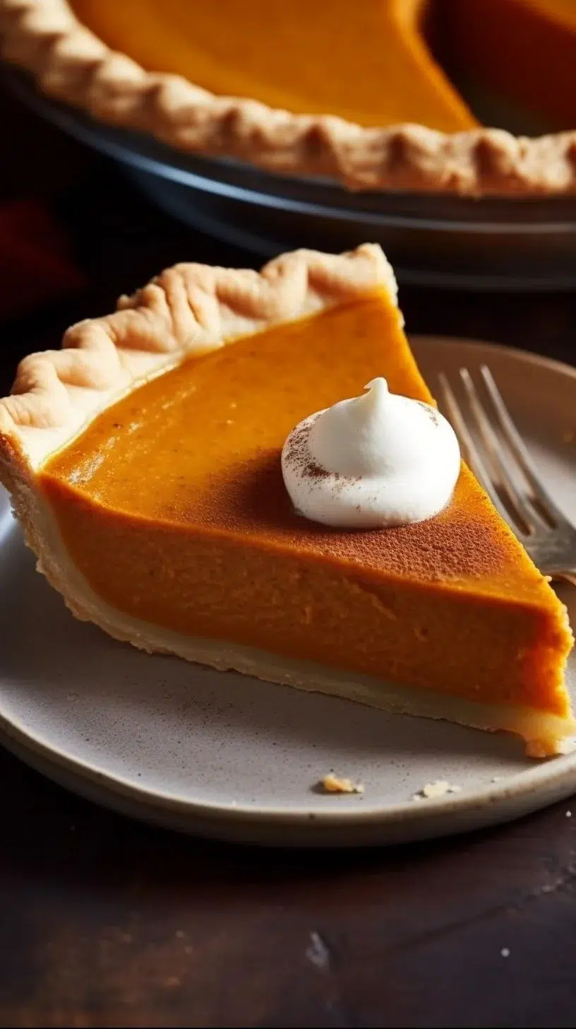Delicious classic pumpkin pie topped with whipped cream and spices