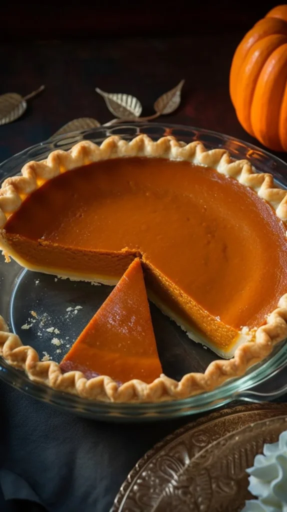 Classic pumpkin pie served in a beautiful pie dish with whipped cream