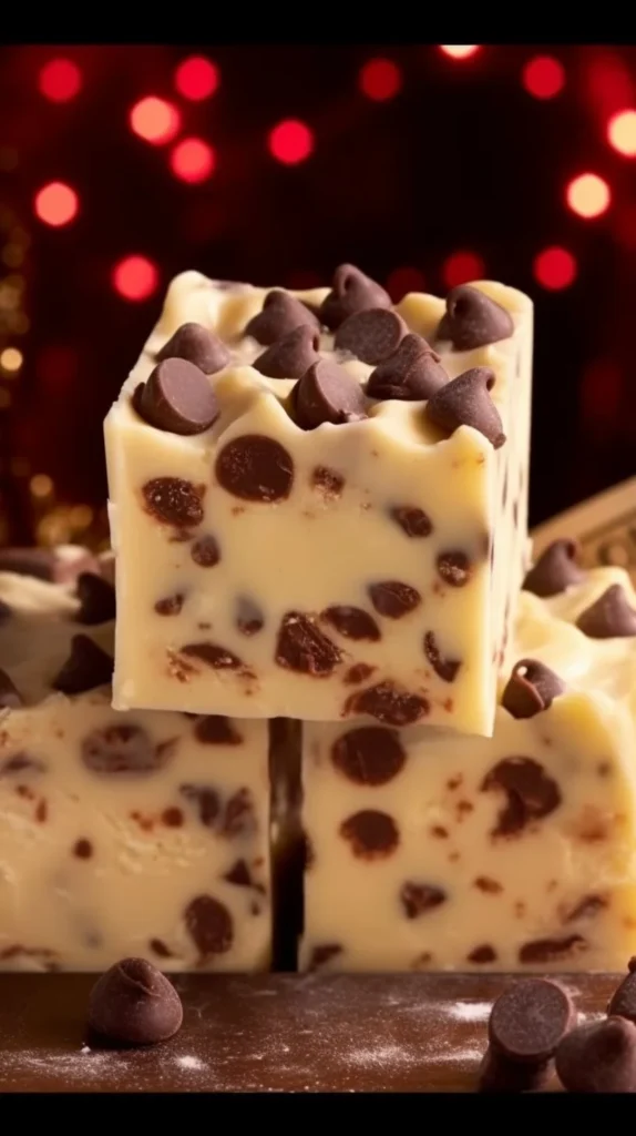 Deliciously rich cookie dough fudge topped with chocolate chips.