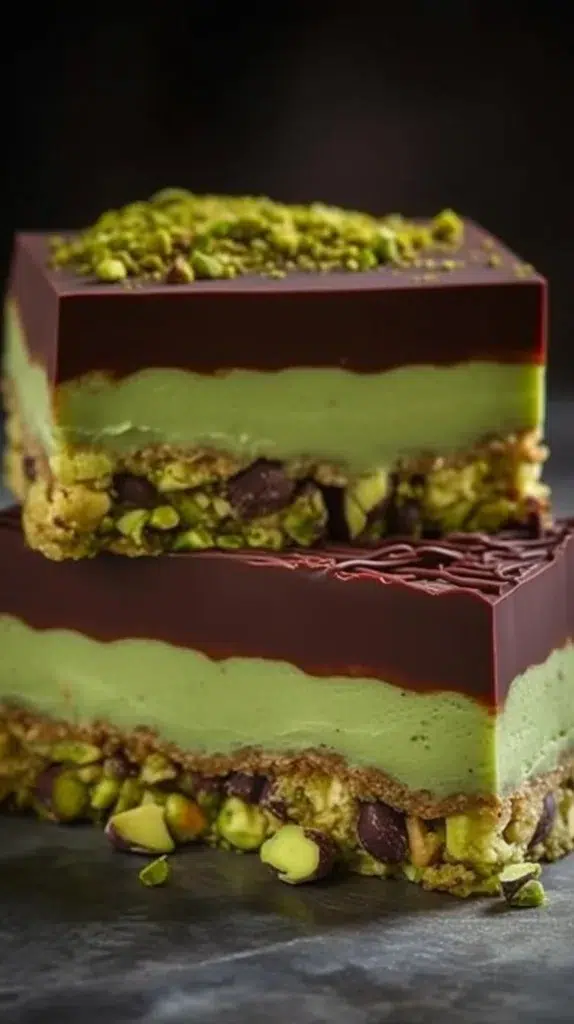 Decadent chocolate pistachio bars topped with nuts and chocolate glaze
