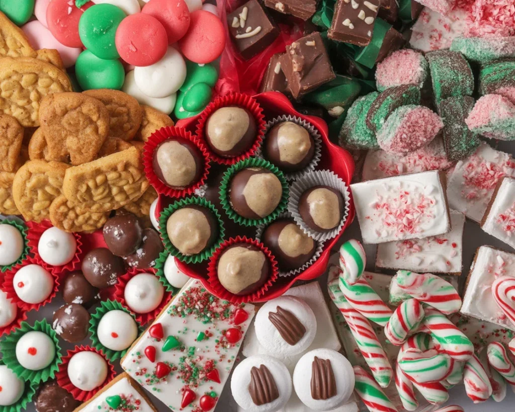 An assortment of homemade Christmas candy recipes displayed on a dessert board.