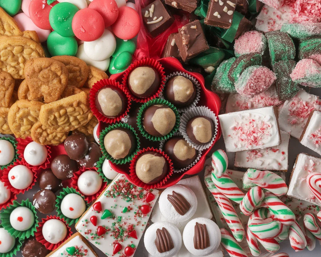 An assortment of homemade Christmas candy recipes displayed on a dessert board.