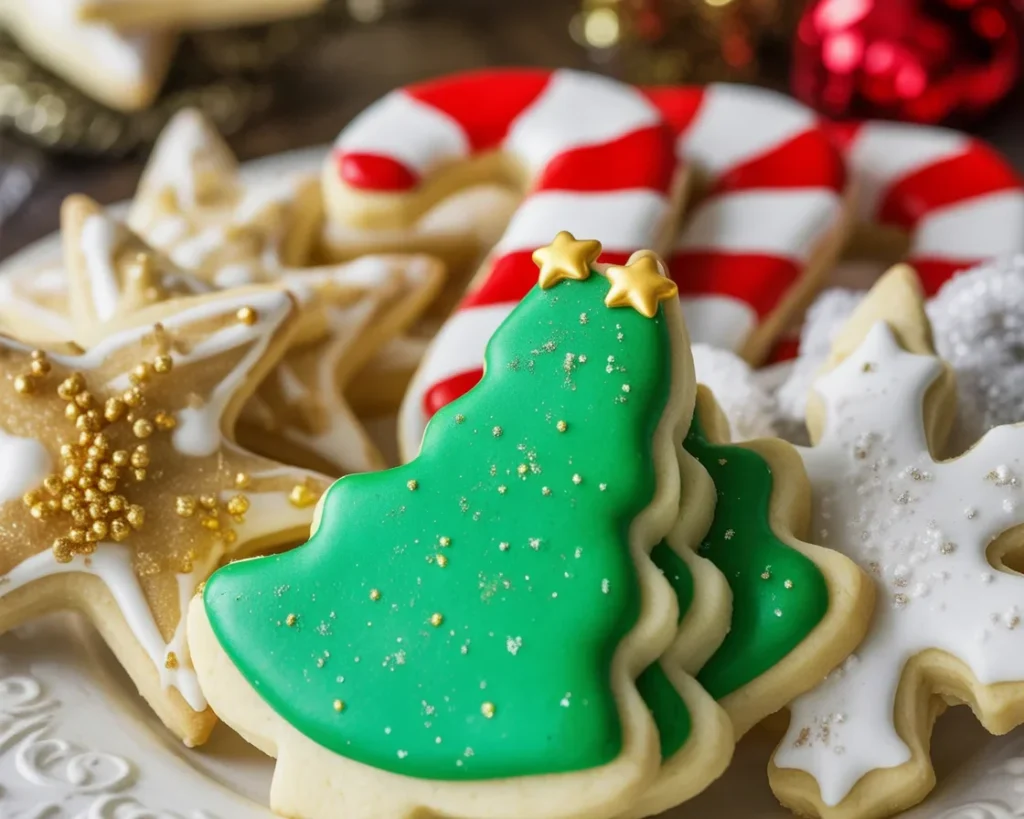 Deliciously decorated Christmas sugar cookies fresh out of the oven.