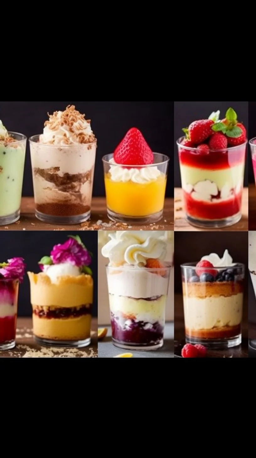 A variety of delightful desserts in a cup featuring chocolate mousse and fruit parfaits.
