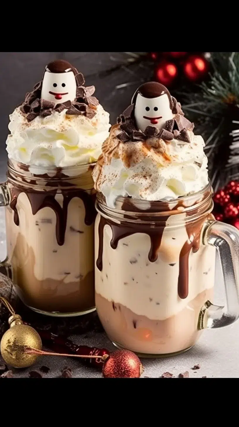 Enjoy a festive Dirty Snowman cocktail topped with whipped cream and chocolate