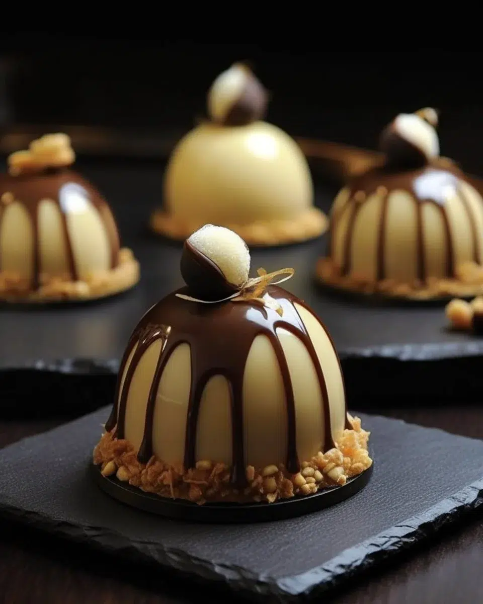 Delicious dome cakes filled with creamy chocolate mousse ready to serve