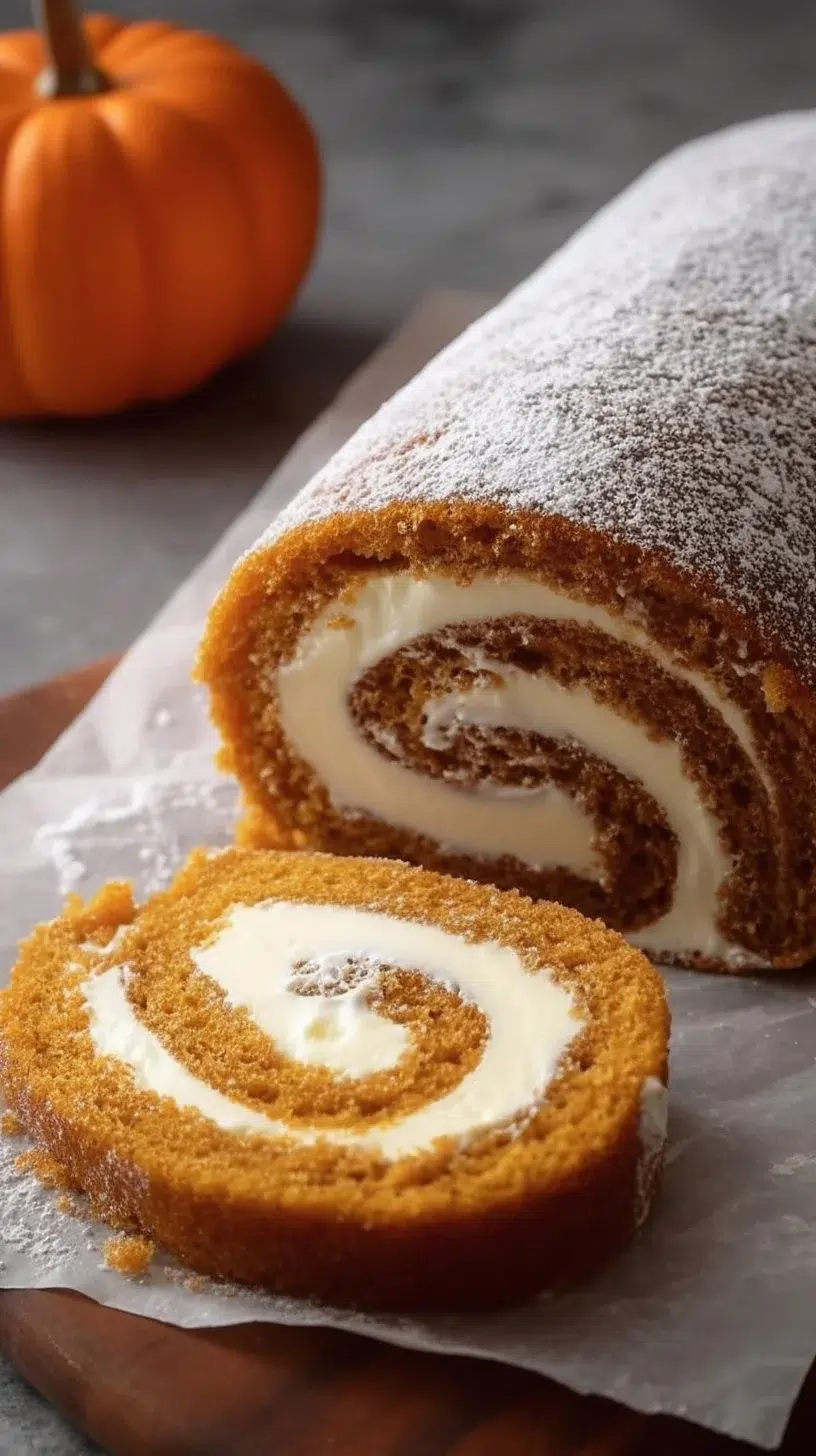 Delicious Fall Pumpkin Spice Roll Cake decorated with cream and spices
