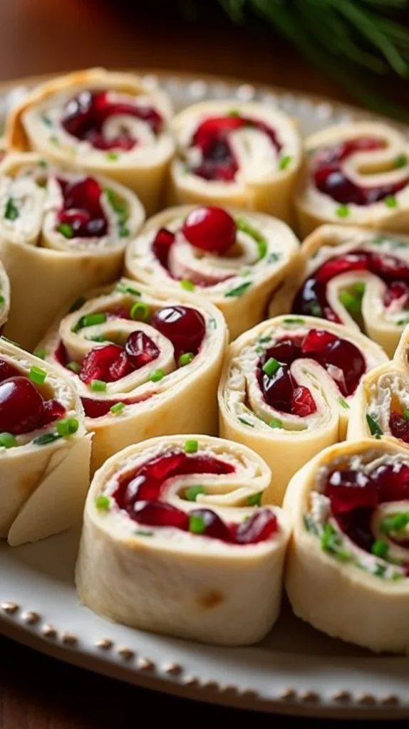 Delicious festive Christmas cranberry roll ups served on a holiday platter.