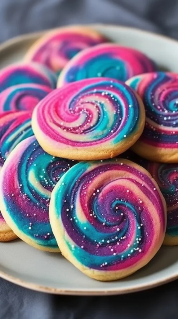 Galaxy Swirl Sugar Cookies with colorful icing and star decorations