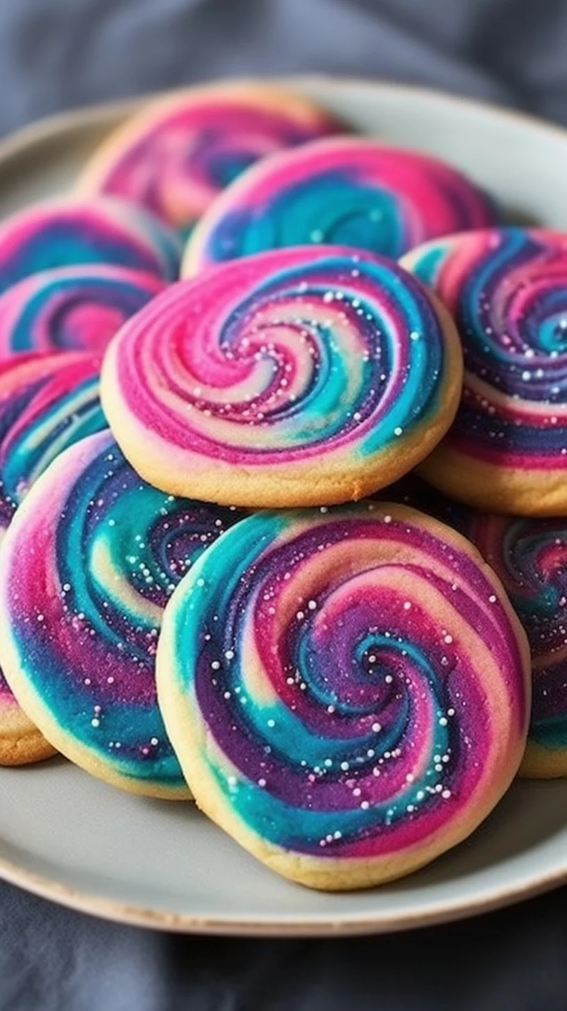 Galaxy Swirl Sugar Cookies with colorful icing and star decorations