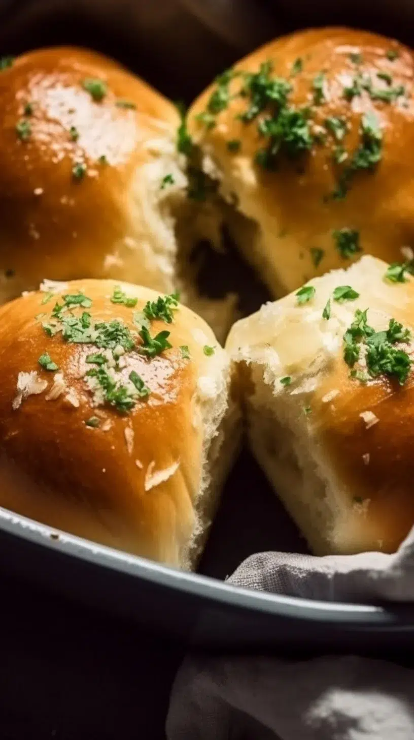 Homemade garlic bread rolls ready to serve with melted butter and herbs