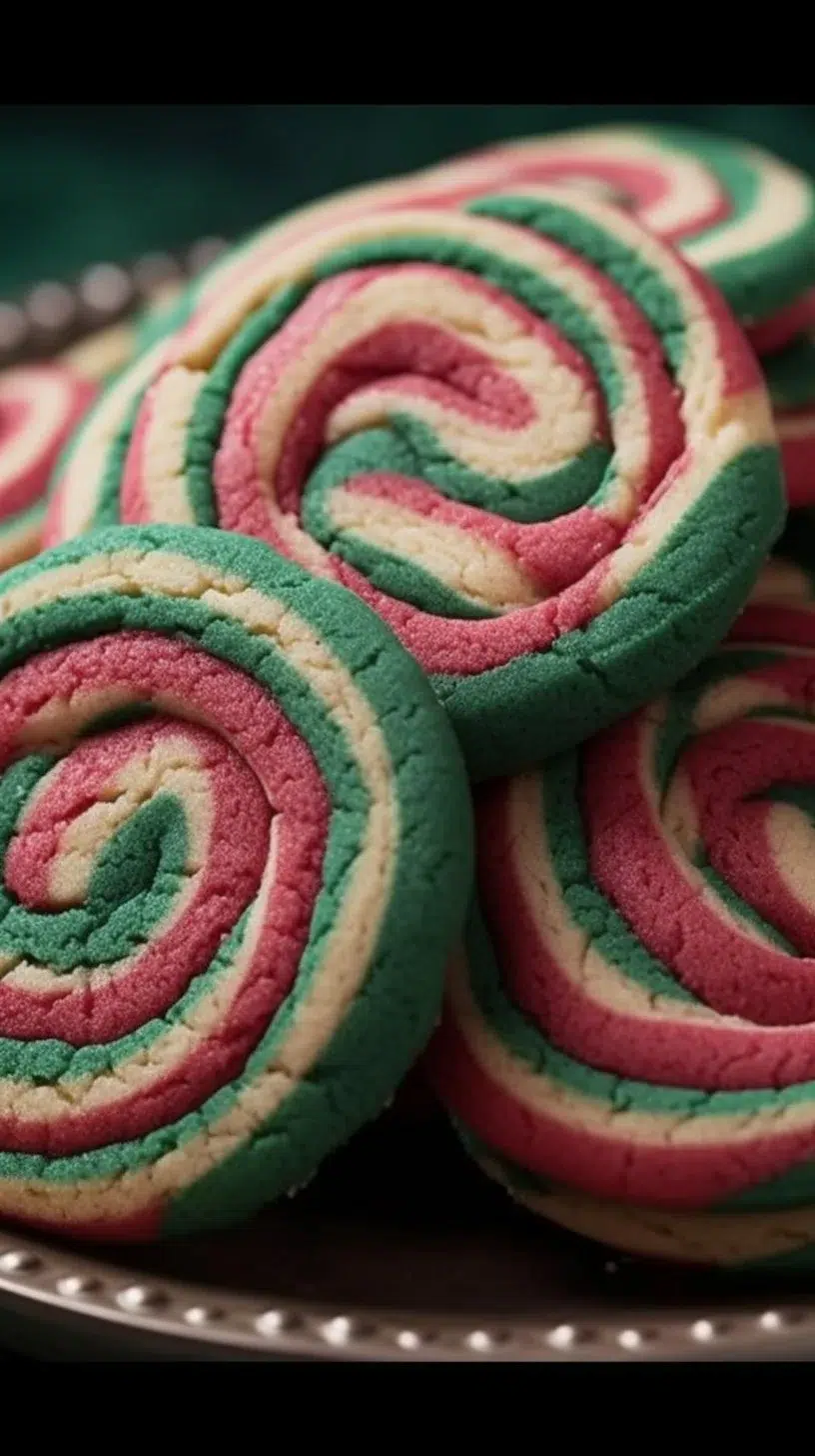 Colorful Holiday Pinwheel Cookies arranged on a festive plate