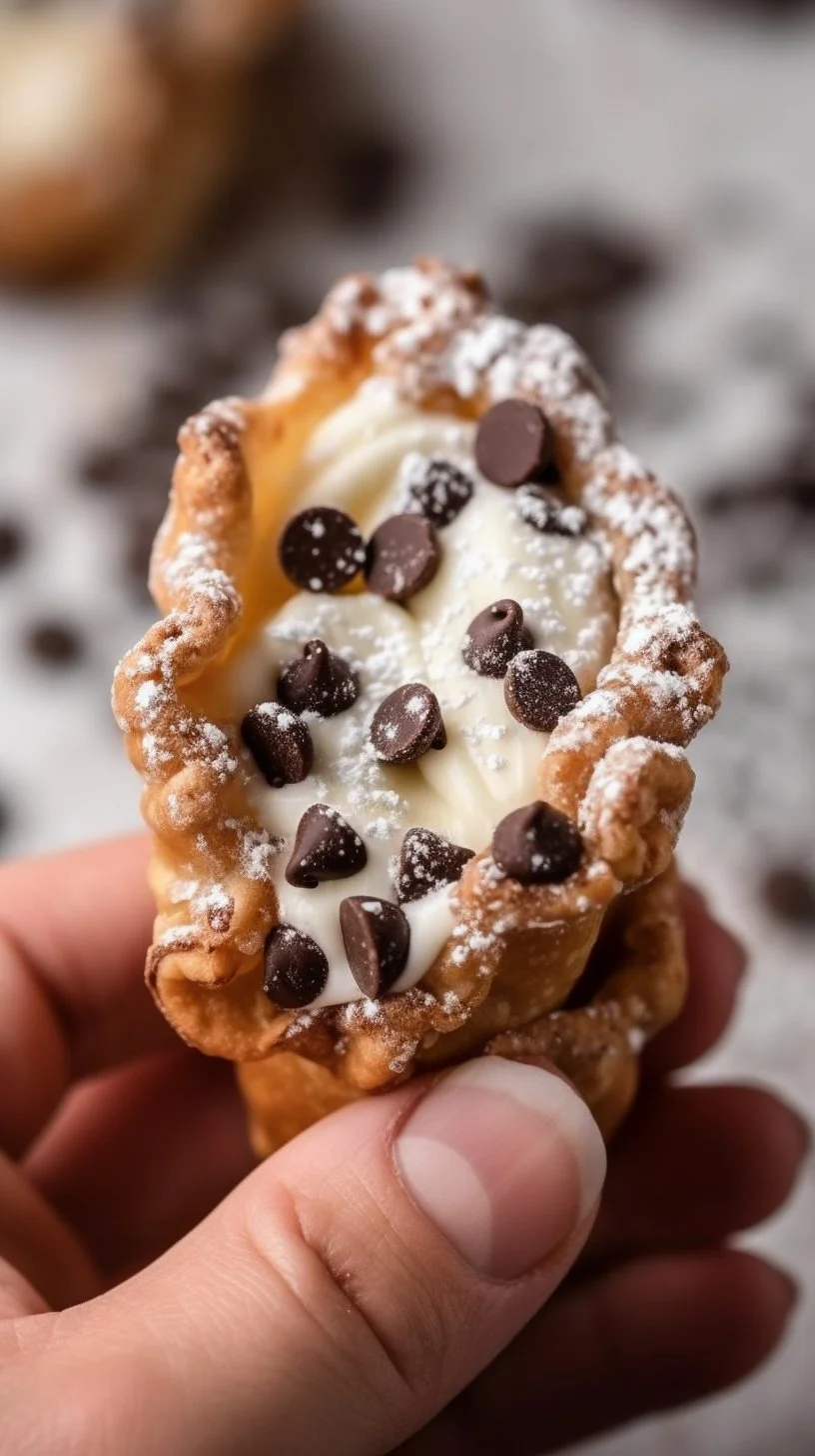 Delicious mini cannoli cups filled with creamy ricotta and topped with chocolate chips.