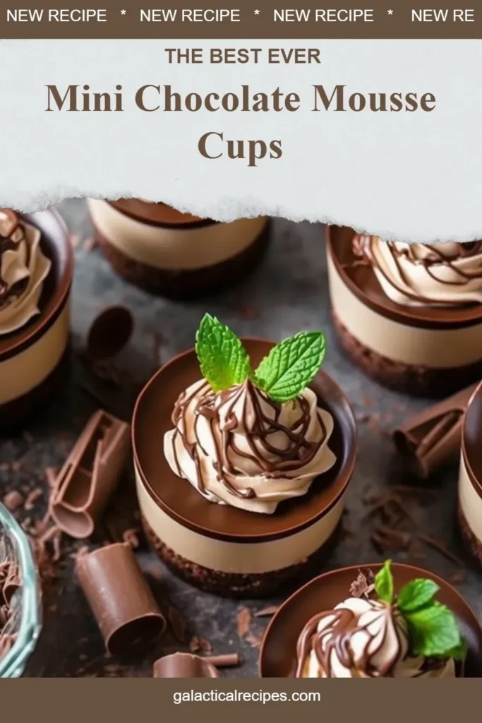 Mini chocolate mousse cups topped with whipped cream and chocolate shavings