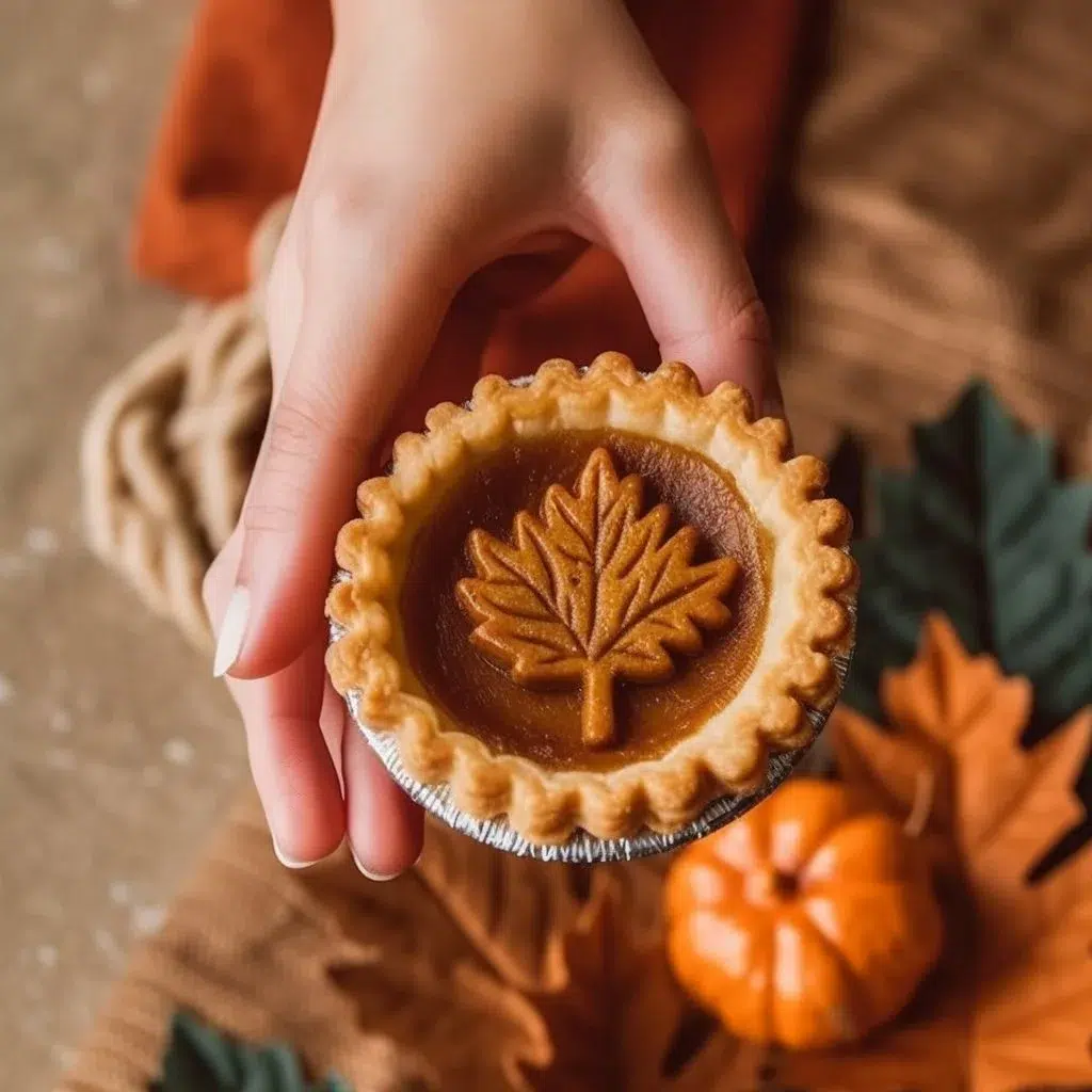 Mini pumpkin pies served on a rustic wooden table with fall decorations