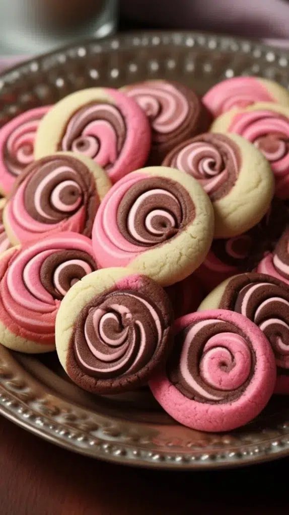 Freshly baked Neapolitan Swirl Cookies with chocolate, vanilla, and strawberry layers.