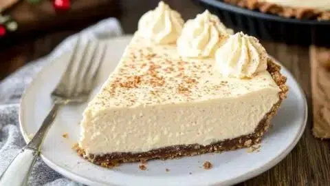 No-bake eggnog cream pie topped with whipped cream and nutmeg
