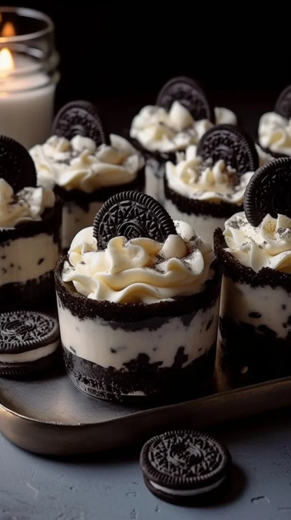 Oreo Cheesecake Cups topped with crushed Oreos and whipped cream