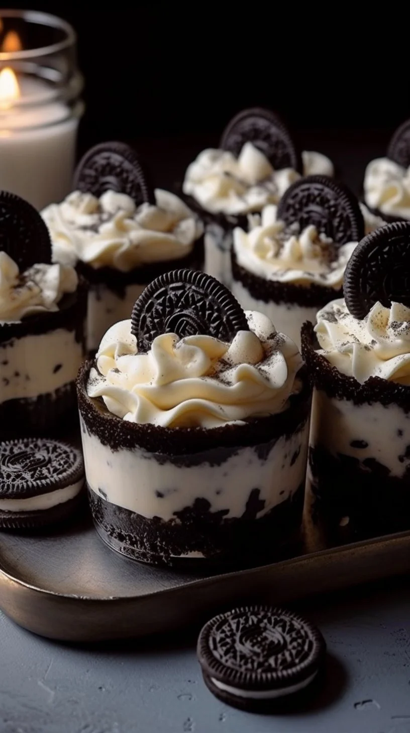 Oreo Cheesecake Cups topped with crushed Oreos and whipped cream