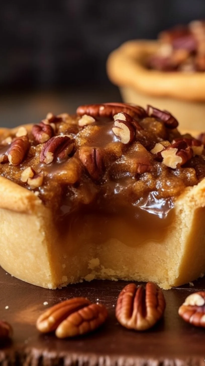 Delicious pecan pie bites served on a white plate, garnished with pecans.